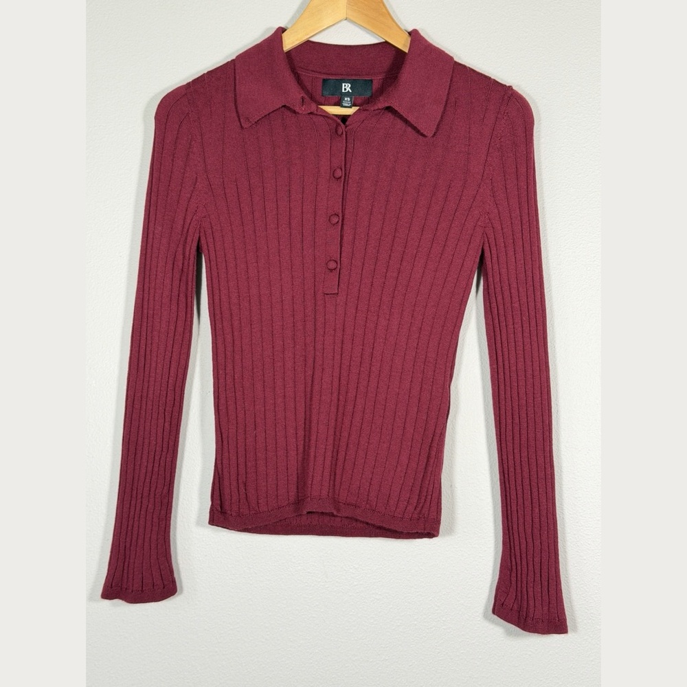 BR Merino Wool Polo Burgundy Ribbed Sweater